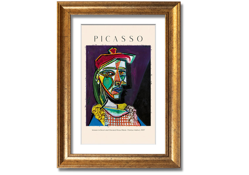 A vibrant reproduction of Picasso's 'Woman In Beret And Checked Dress 1937' printed on canvas, framed and ready to hang.